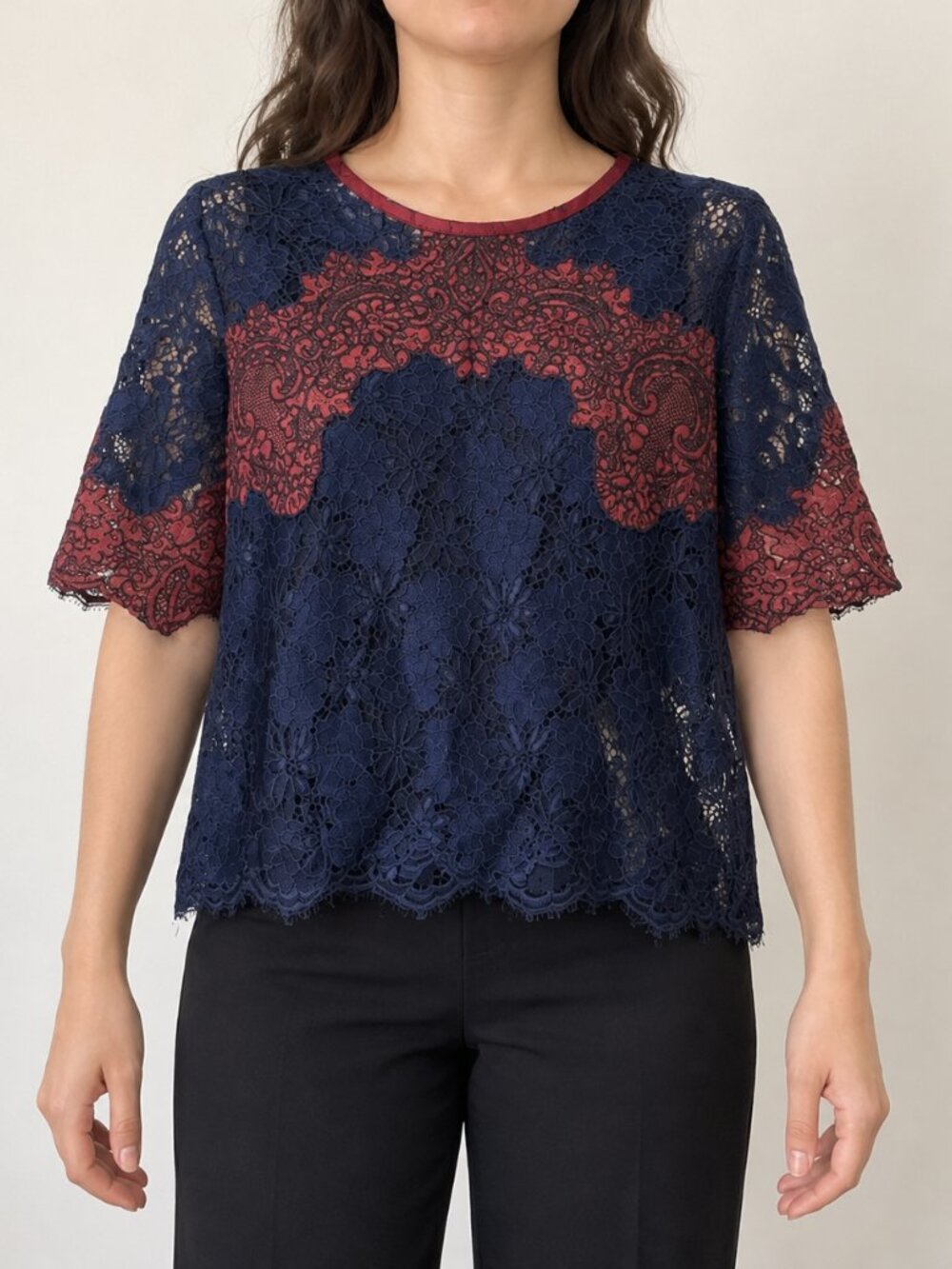 Sandro Navy Lace Top with Burgundy Embroidered Accent